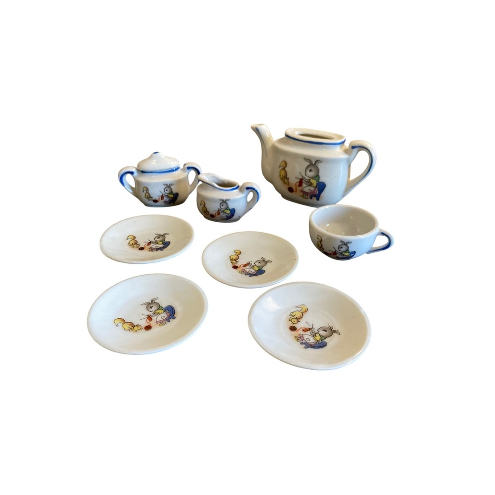 Vintage Miniature Porcelain Tea Set Bunny Squirrel Knitting Made in Japan 8pc